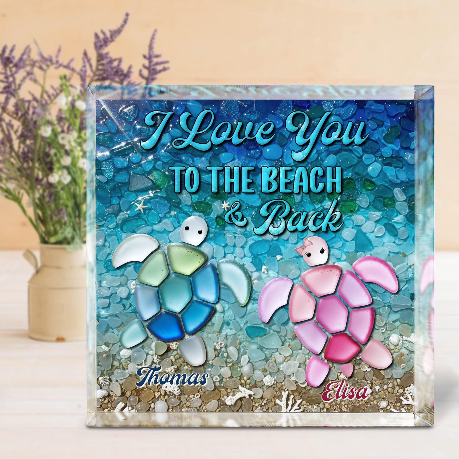 Custom 2D Flat Turtle Couple's Name SeaGlass Acrylic Blocks, Anniversary Engagement Gift, Coastal Beach Christmas Decor Gift for Couple