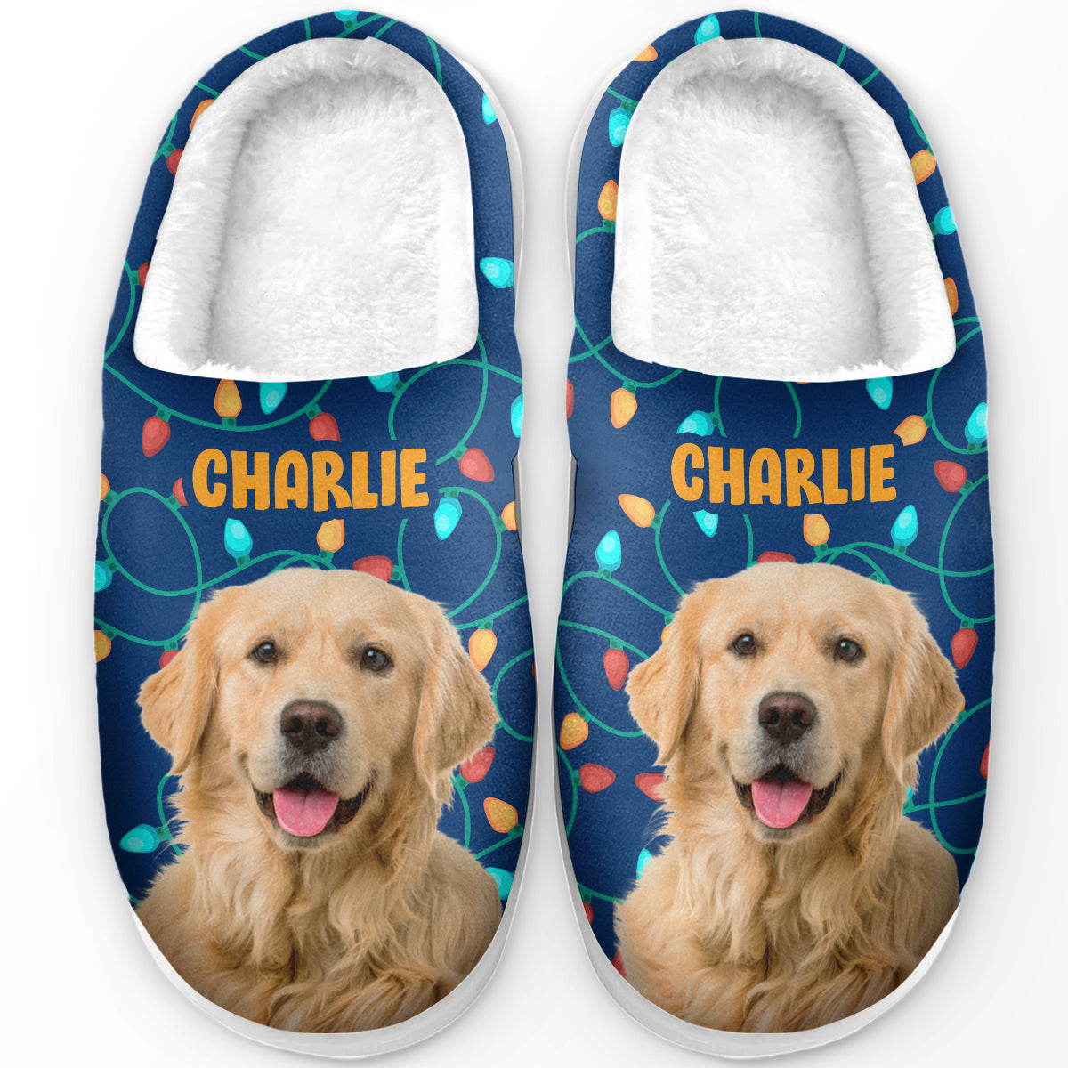 Custom Pet's Photo Christmas Light - Personalized Fleece Slippers - Christmas Gift For Pet Owners, Pet Lovers