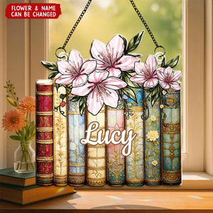 Birth Flower Reading Book Stack Personalized Suncatcher Stained Glass - Gift For Book Lovers
