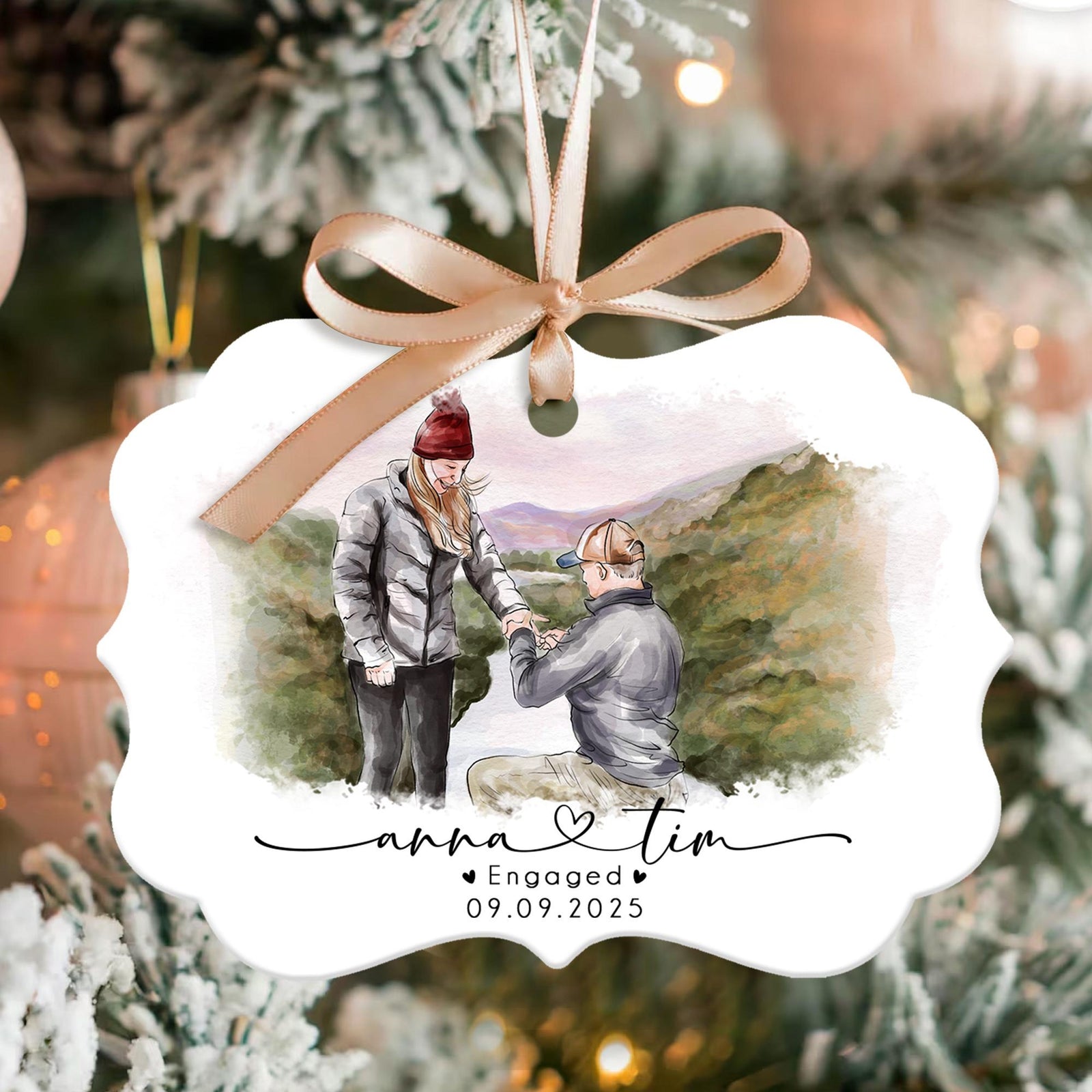 Personalized Engagement Ornament, Anniversary Gift For Couples, Custom Couple Proposal Portrait, Watercolor Portrait Photo Gift For Couples