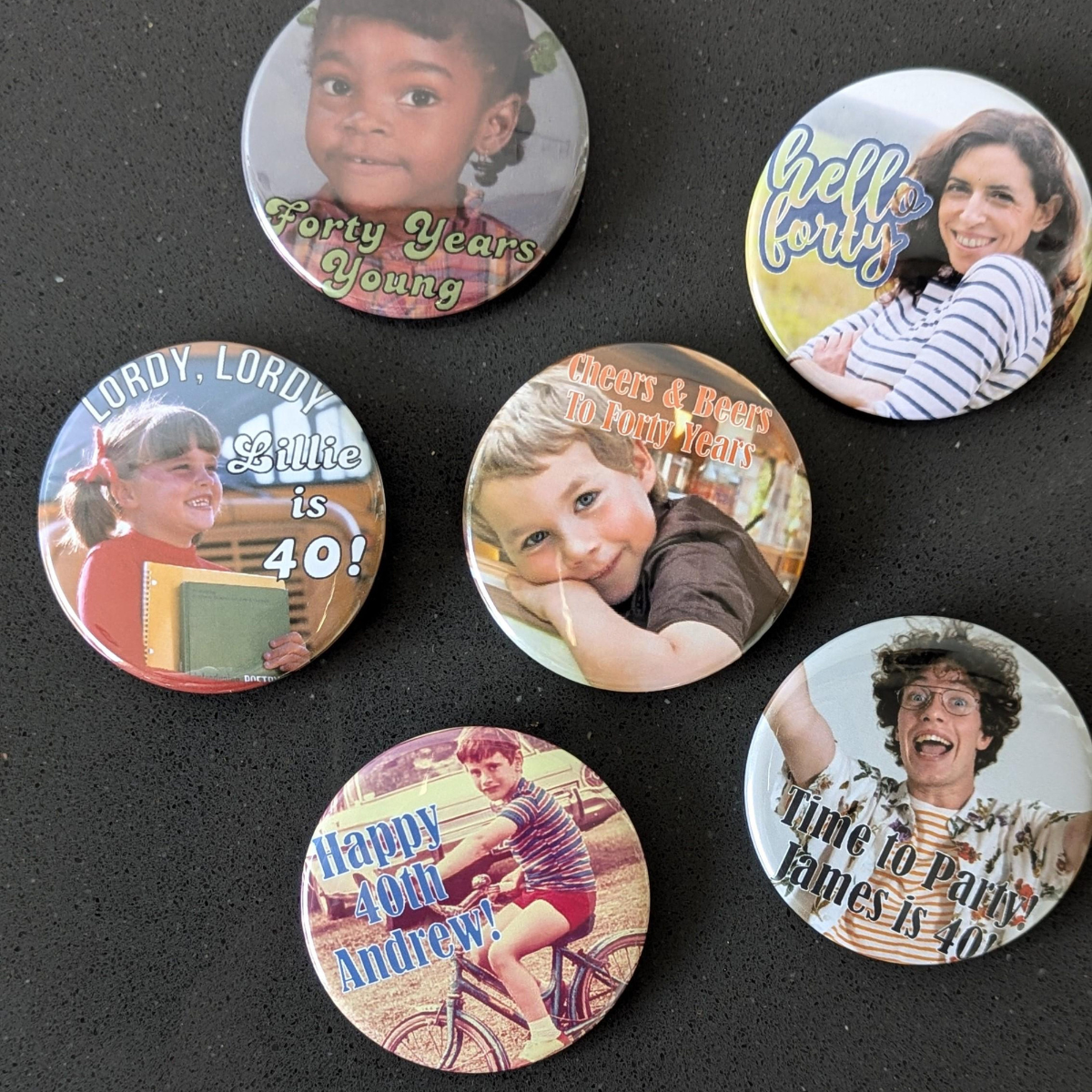 Custom 40th Birthday Party Favor Milestone Birthday Photo Pins Adult Party Favors Face Cut Out Buttons Funny Pin Badge Button for Birthdays
