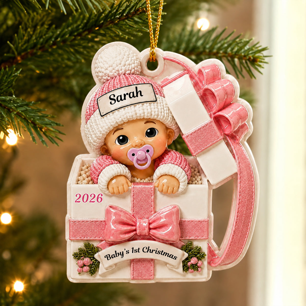 Baby Inside Gift Box Ornament - Real 3D Raised Ornament