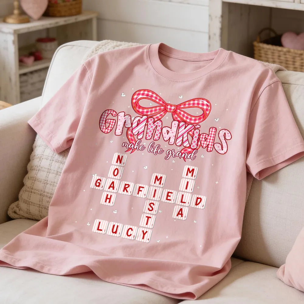 Grandkids Make Life Grand Pink Pattern Crossword Puzzle Art - Personalized Shirt - Gift For Grandma