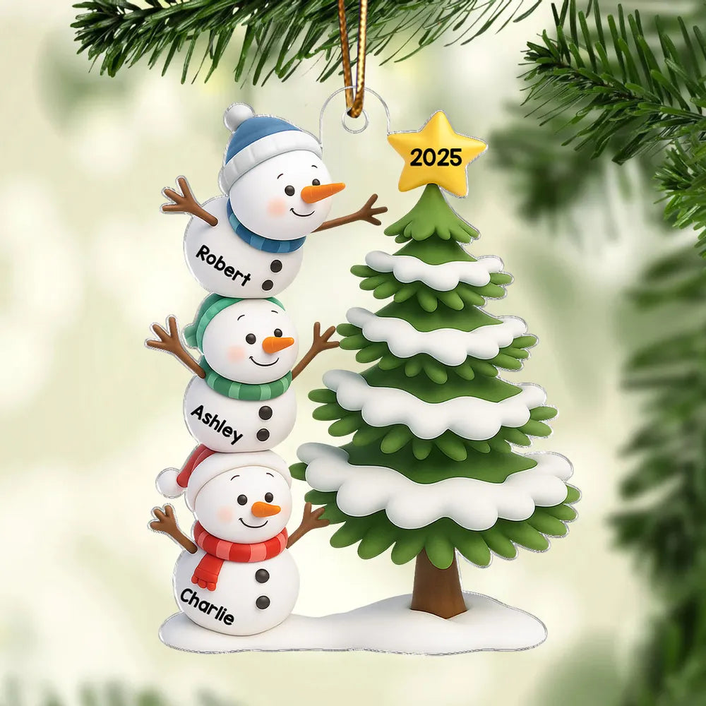 Snowman Family Stack 3D Effect Christmas Tree - Personalized Acrylic Ornament - Christmas Gift For Family