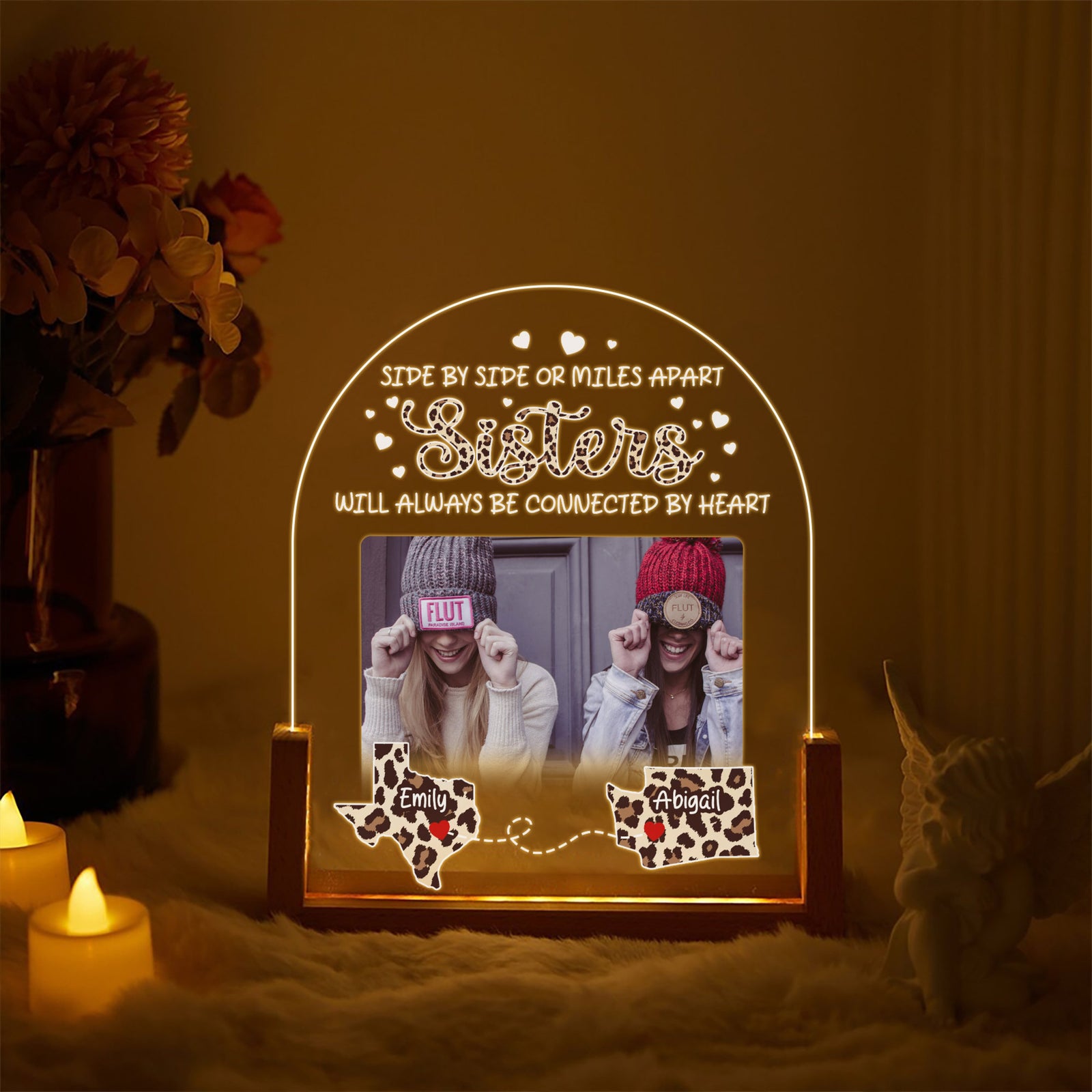 Personalized Sisters Acrylic Lamp, Side by Side or Miles Apart Light, Custom Photo Gift for Sister, Long Distance Friendship Keepsake