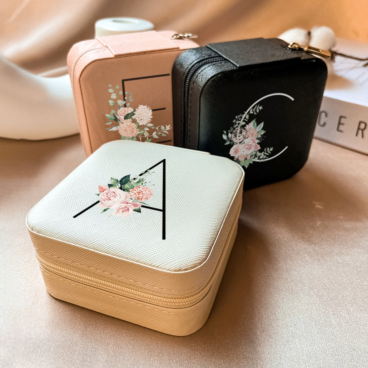 Personalized Floral Initial - Custom Square Jewelry Box - Gift For Her, Bridesmaid Gifts, Memorial Gifts