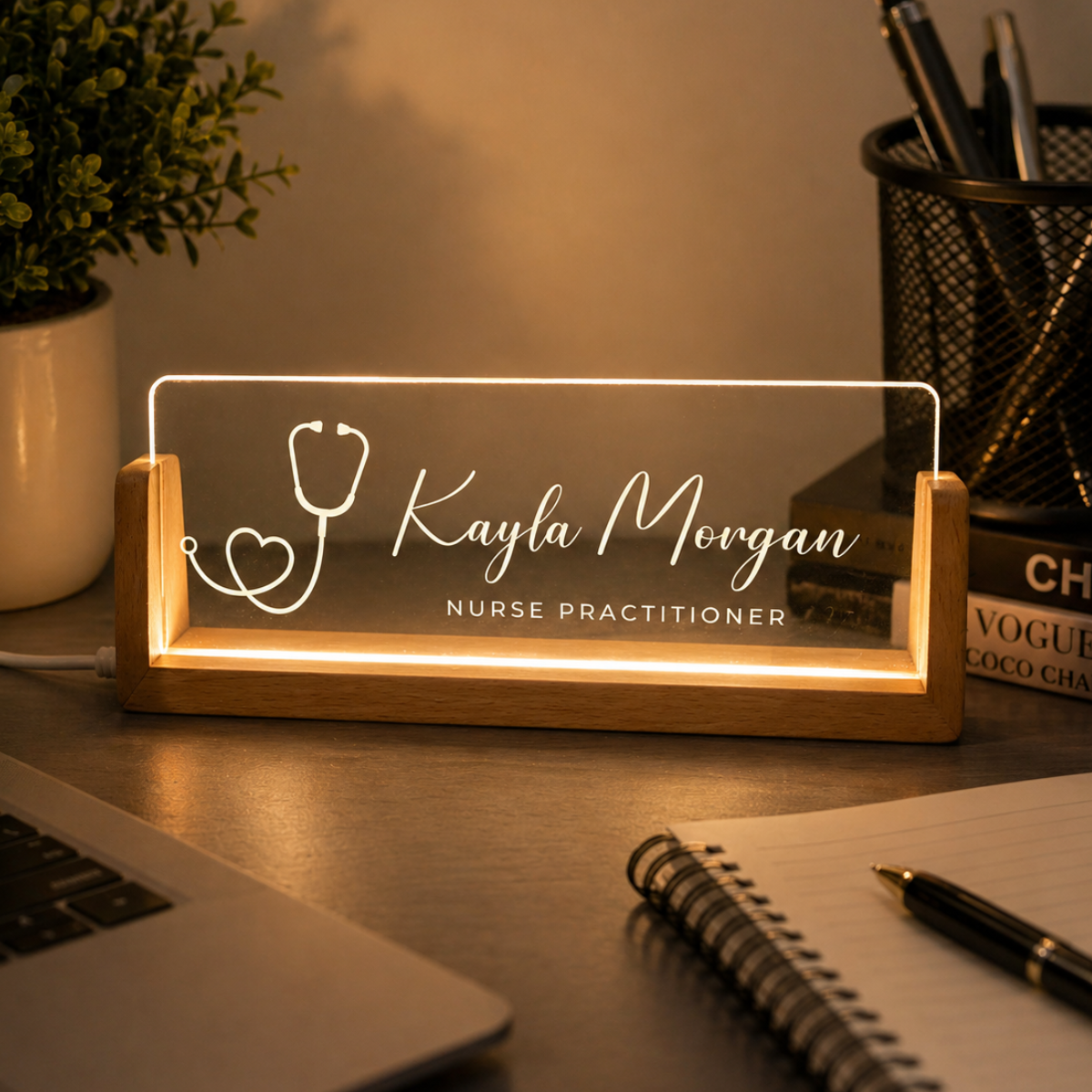 Personalized Name & Title Desk Plate Stand, Stethoscope Symbol Professional Medical Nurse Nursing, Office Sign LED Light Nameplate Gift
