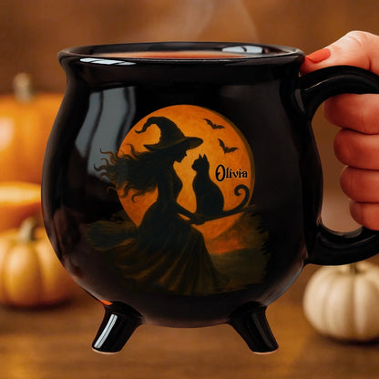 Mystic Witch With Cat - Personalized Halloween Black Ceramic Witch Mug - Halloween Gift For Family, Sisters, Friends, Siblings