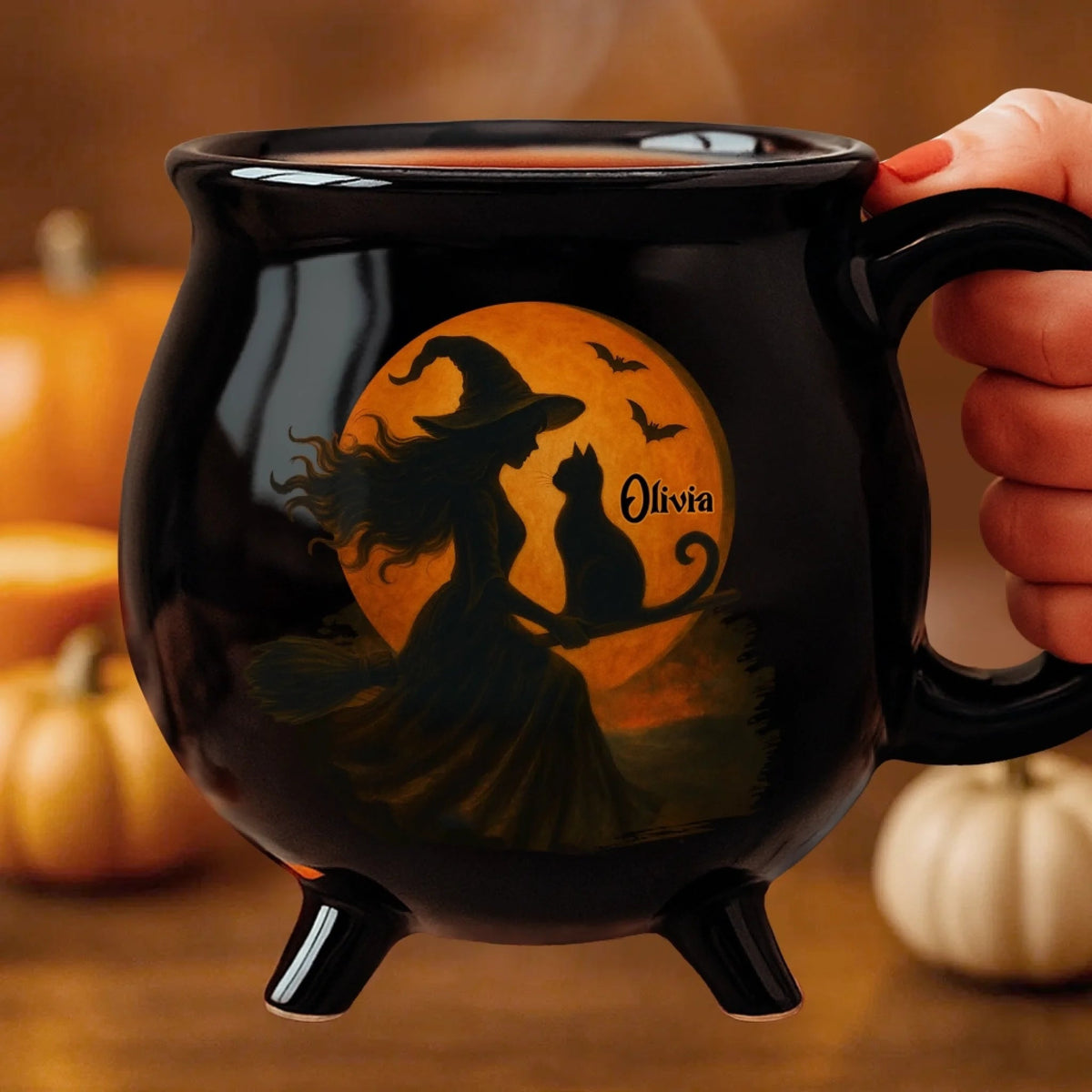 Mystic Witch With Cat - Personalized Halloween Black Ceramic Witch Mug - Halloween Gift For Family, Sisters, Friends, Siblings