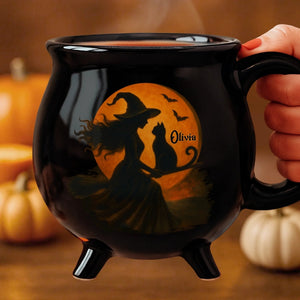 Mystic Witch With Cat - Personalized Halloween Black Ceramic Witch Mug - Halloween Gift For Family, Sisters, Friends, Siblings