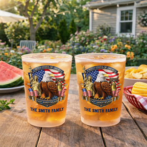 Personalized Freedom Anniversary Frosted Cup, Custom Family Name Patriotic Party Drinkware