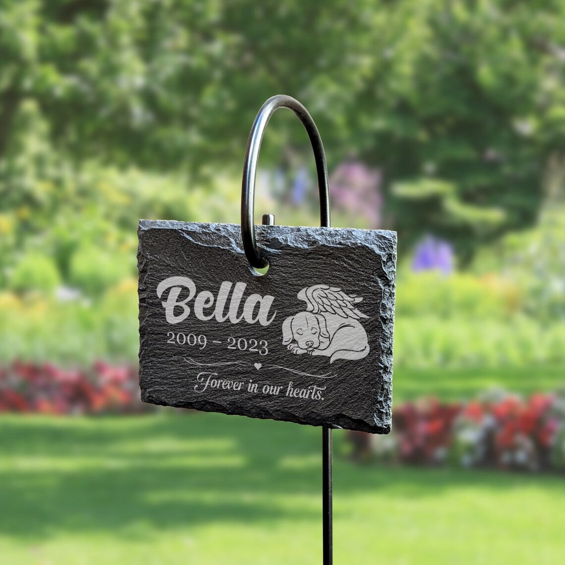 Custom Tall Hanging Dog Memorial Plaque, Slate Sign and Stainless Steel Stake Marker