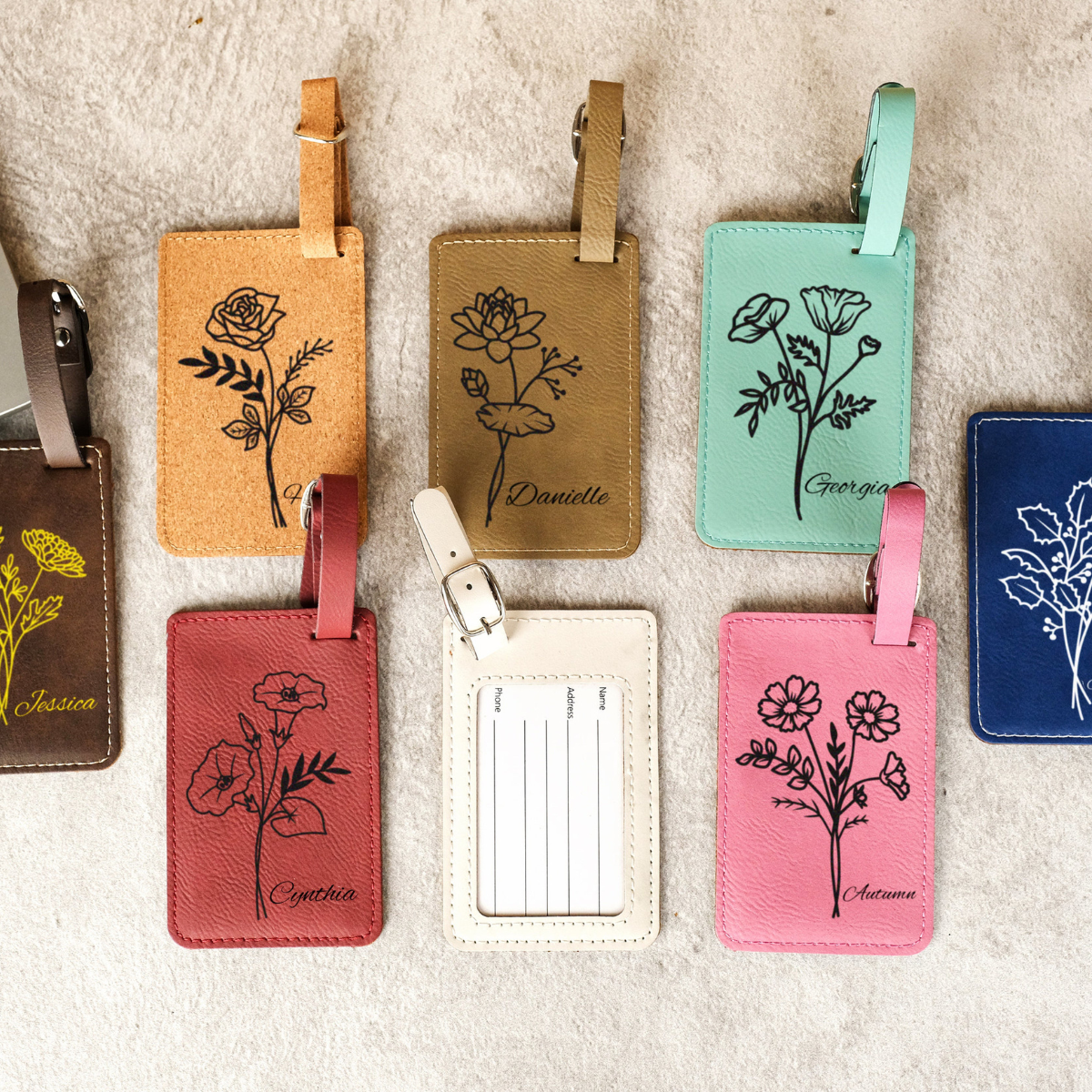 Birth Flower Luggage Tag, Custom Luggage Tag, Birth Flower Leather Luggage ID, Travel Accessories, Suitcase Tag, Travel Gifts, Birthday Gift