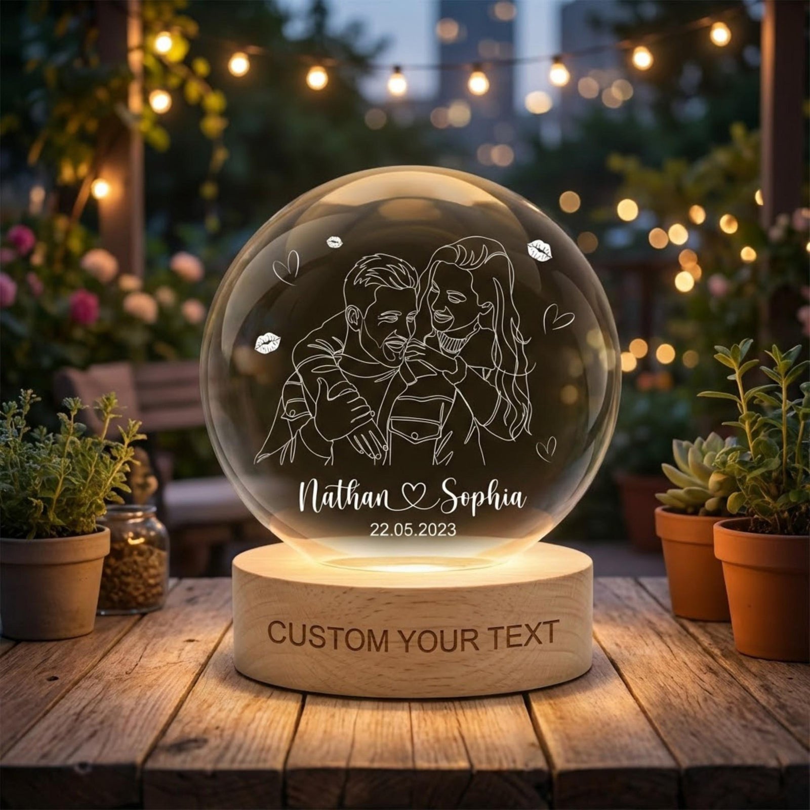 Personalized Photo Line Art 3D Crystal Ball Lamp, Engraved Wooden Base LED Night Light, Romantic Anniversary Home Decor, Gift For Couple