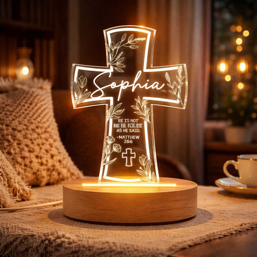 Personalized Bible Verse Cross Night Light, Custom Name Christian Light Up Sign, He Is Risen Gift, Faith Gift, Bible Verse Jesus Lamp
