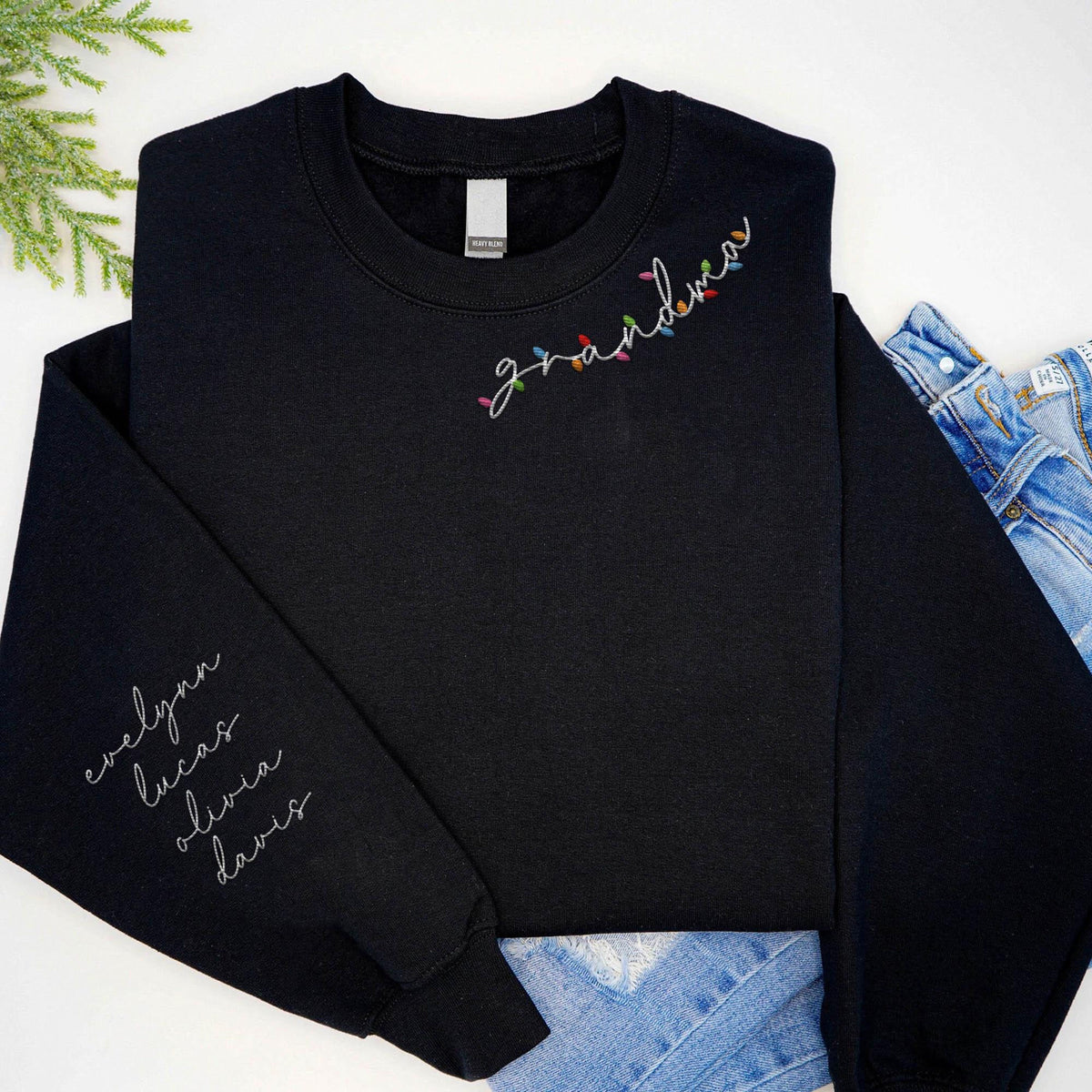 Embroidered Custom Christmas Light Grandma Sweatshirt, Personalized Grandkids Embroidery Shirt, Christmas Gift For Family Grandmother