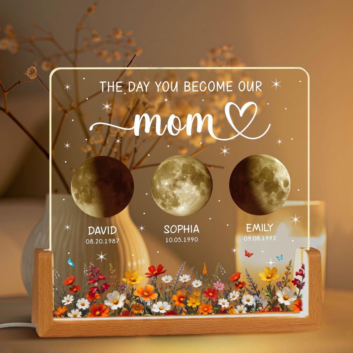 Personalized Moon Phase Acrylic Lamp, Custom Moon Acrylic Nightlight, The Days You Became Our Mom Anniversary Gift, Mother's Day Gift