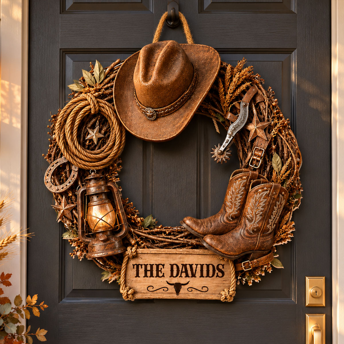 Cowboy Wreath Wood Sign - Custom Family Name Rustic Wall Art Plaque - Housewarming Gift for Farmers, Country Home Decor