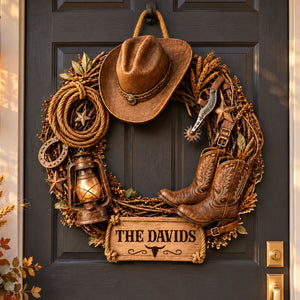 Cowboy Wreath Wood Sign - Custom Family Name Rustic Wall Art Plaque - Housewarming Gift for Farmers, Country Home Decor