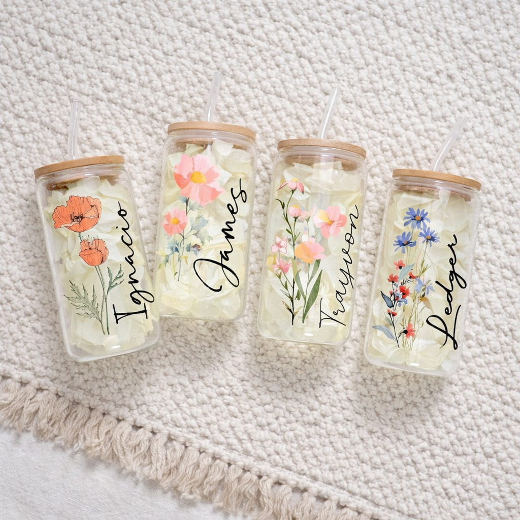 Custom Birth Flower Iced Coffee Tumbler, Personalized Floral Can Glass, Birthday Gift For Her