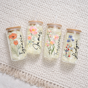 Custom Birth Flower Iced Coffee Tumbler, Personalized Floral Can Glass, Birthday Gift For Her