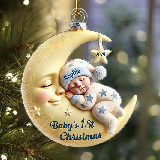 3D Effect Baby On Moon - Personalized Acrylic Ornament - Christmas Keepsake, Gift For Family & Baby