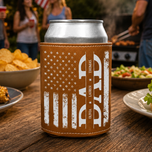 Best American Dad - Personalized Leather Can Cooler - Gift For Dad, Grandfather, Father's Day Gift