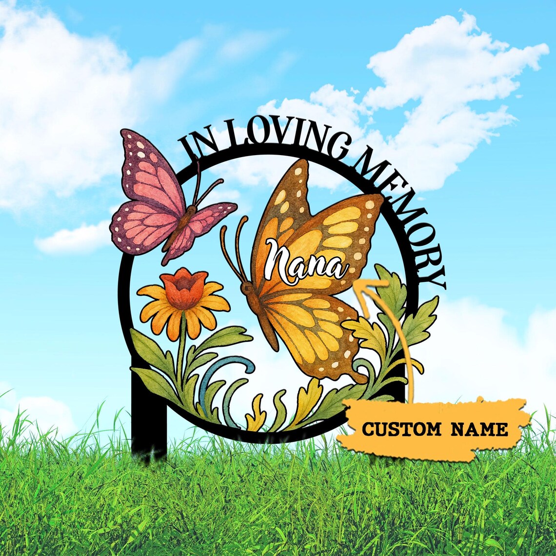 Custom Butterfly Memorial Sign with Stakes, Mother's Day Gift, Grandma Memorial Sign, Grave Marker, Nana's Blessings, In Loving Memory Yard