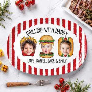 Custom Dad's Grilling Platter with Kids Faces: Father's Day Gift From Kids, Striped Grilling Plate for Kitchen Decoration, Funny Daddy Gift
