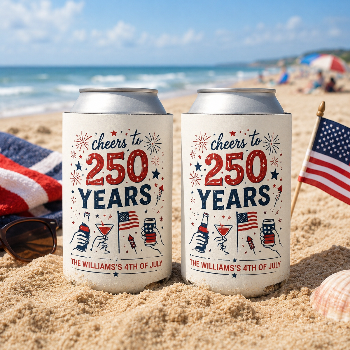 Custom 4th of July Can Cooler, Personalized Cheers to 250 Years, USA Anniversary Party Favor, Patriotic Family BBQ, Independence Day Gift