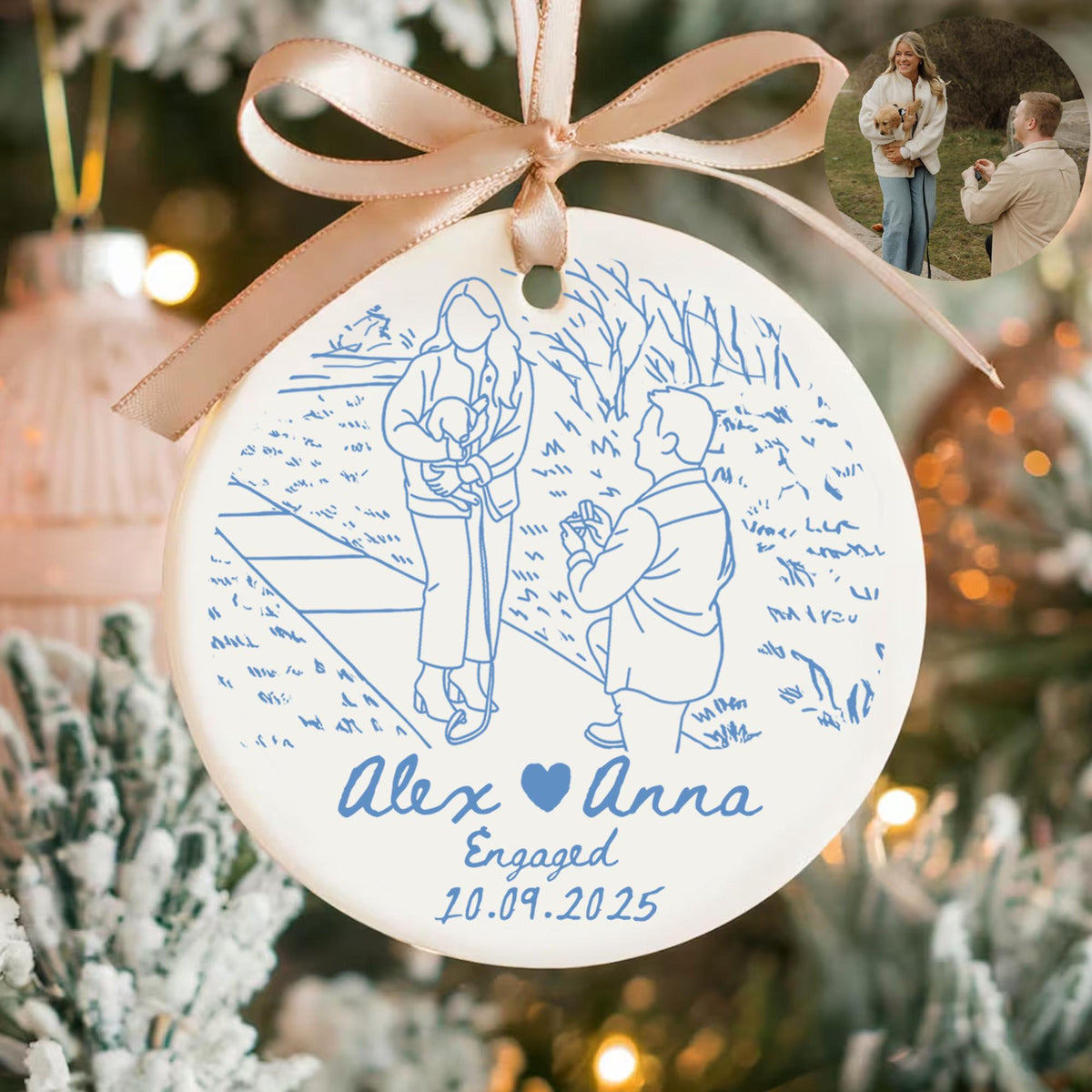 Personalized Engagement Ornament, Anniversary Gift, Custom Couple Portrait Ceramic Ornament, Line Drawing Photo Ornament, Engaged Gifts