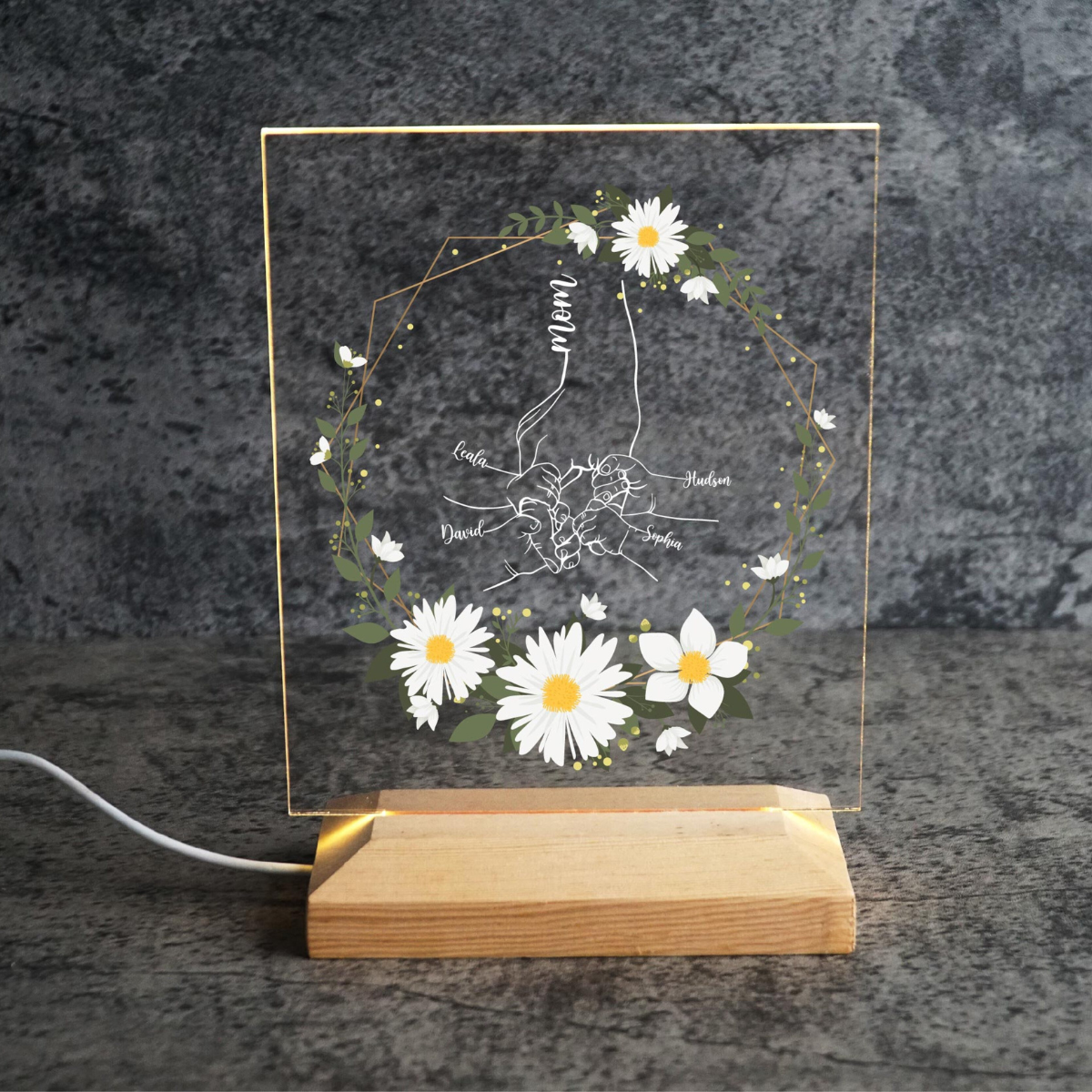 Daisy Flower Mom And Kid's Hands - Personalized 3D LED Light Wooden Base - Gift For Mom, Mother's Day