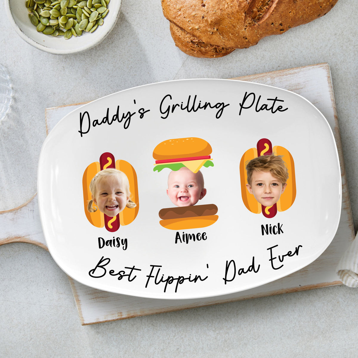 Custom Kids Photo Daddy Grill Platter, Father's Day Gifts, Daddy Platter Gifts, Gift For Dad From Kids, Grilling Plate Papa With Kids Names