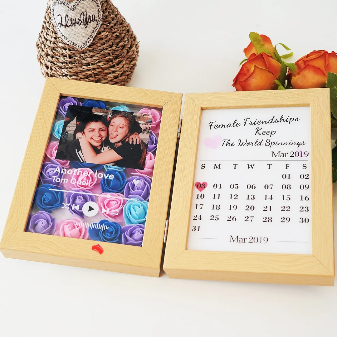 Custom Music Player With Photo & Date - Personalized Flower Hinged Double Frame - Gift For Family, Couple, Mother, Friends