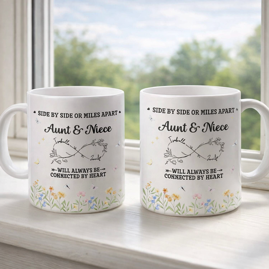 Aunt & Niece Always Be Connected By Heart, Personalized Ceramic Mug, Gift For Aunt, Mother's Day Gift