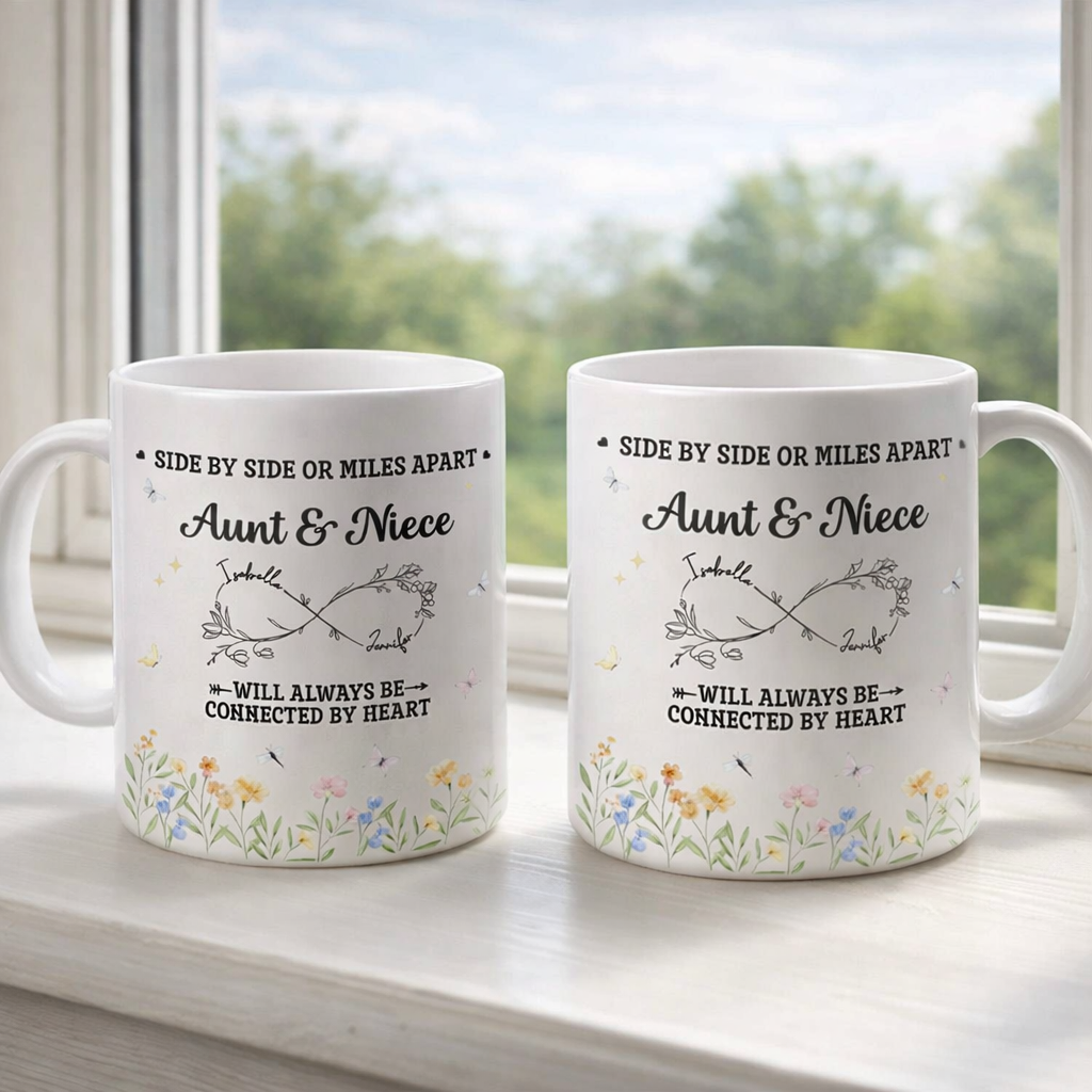 Aunt & Niece Always Be Connected By Heart, Personalized Ceramic Mug, Gift For Aunt, Mother's Day Gift