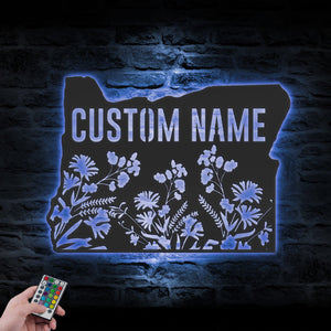 Custom Wild Flower State Metal Wall Art LED Light, Personalized Wildflower Map Name Sign Home Decor, Floral Decoration Christmas