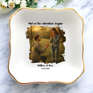 Personalized Proposal Photo Jewelry Dish - Custom Oil Painting Illustrated Engagement Keepsake Ring Tray with Names & Engaged Date