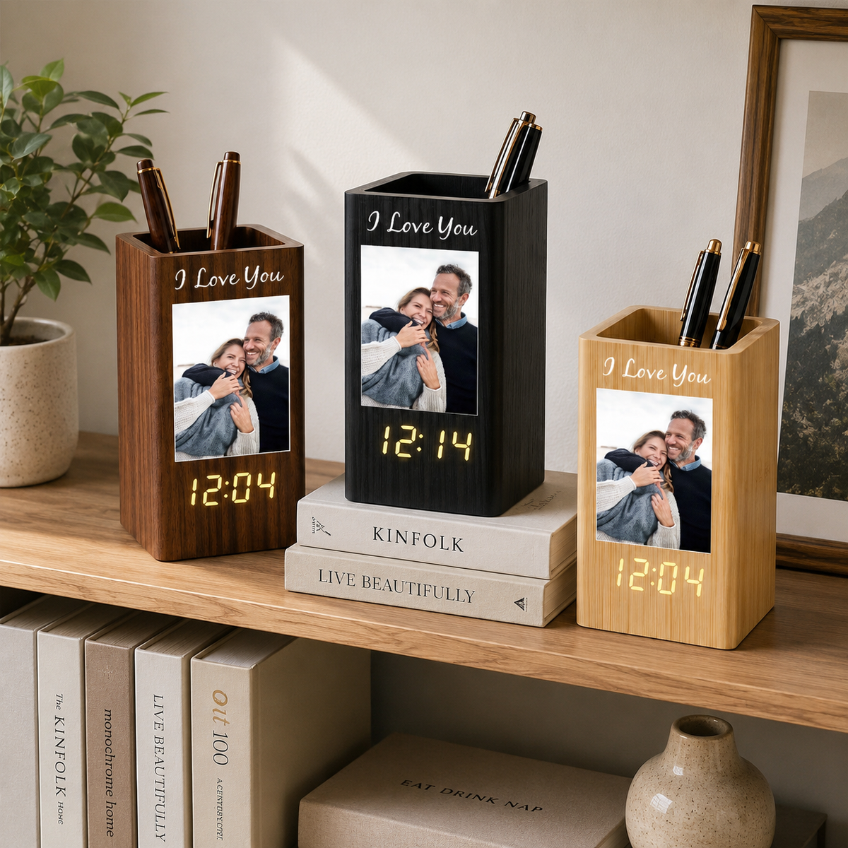 Personalized Photo Pen Holder Clock, Custom Wooden Desk Organizer with LED Digital Clock, Personalized Office Gift for Him Her, Custom Picture Holder