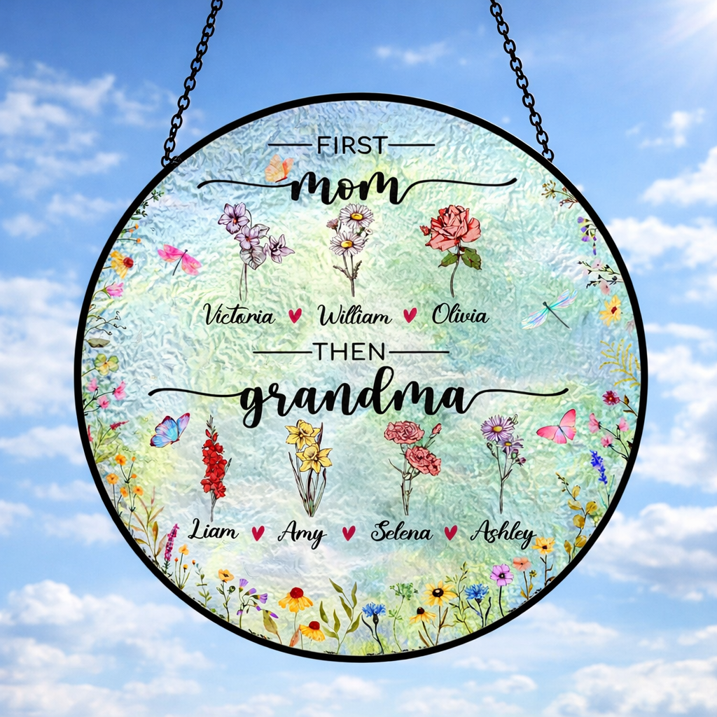 Personalized Birth Flowers Stained Glass Suncatcher, First Mom Now Grandma Garden Gift,Mother's Day Gift For Mom,Grandma Gift From Grandkids