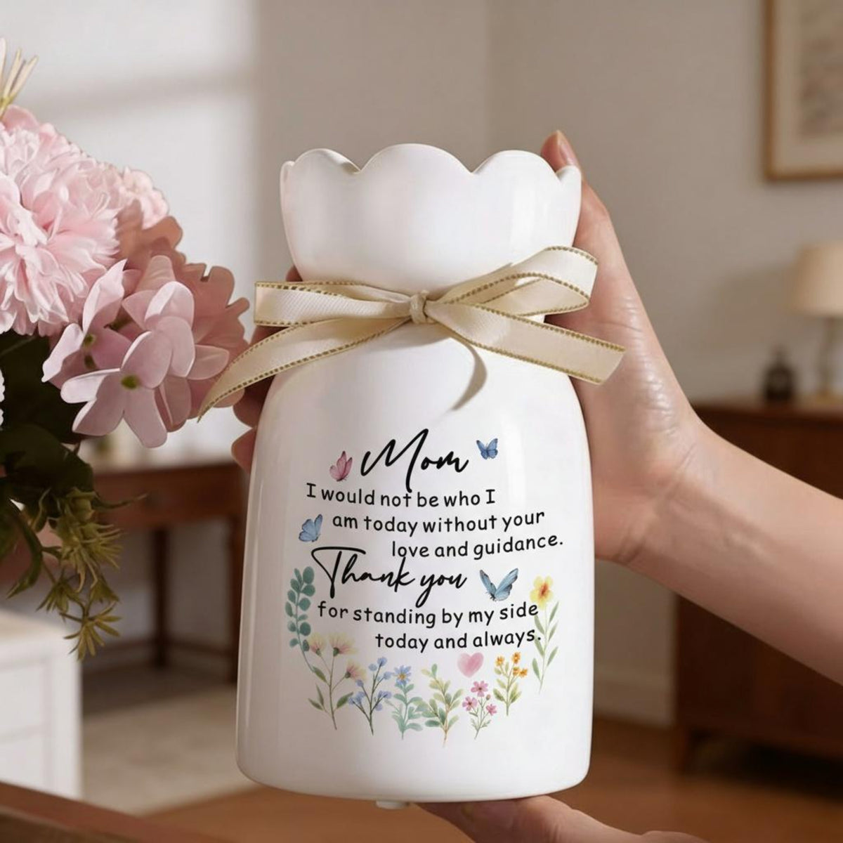Floral Ceramic Vase with Mom Quote, Decorative Flower Vase, Gift for Mother's Day