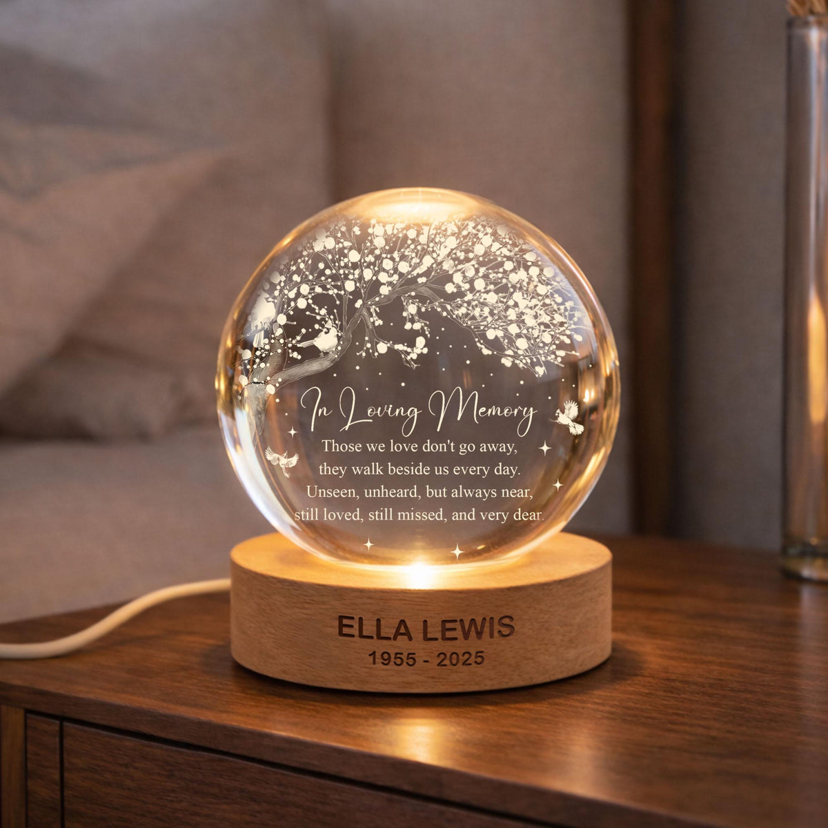 Custom Memorial Crystal Ball LED Light Lamp Mom Loss Gifts, Dad Remembrance, Loss of Father Gift, Sympathy Keepsake