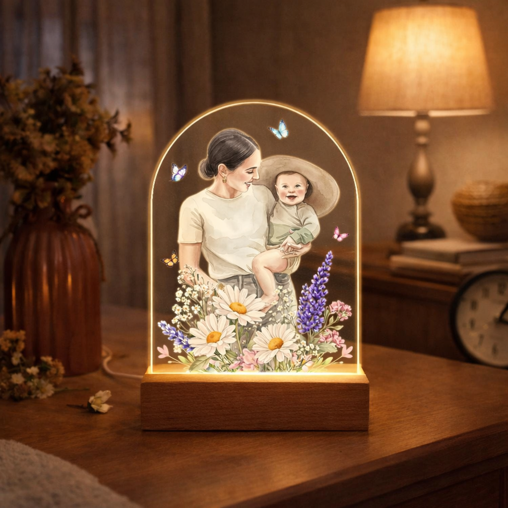 Custom Watercolor Mom Photo Night Light, Personalized Gift For Mom, Grandma, New Mom Gift, Mom Birthday Gift From Daughter, Mothers Day Gift