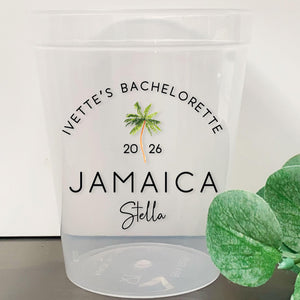 Personalized Palm Tree Party Cups, Custom Tropical Bachelorette Destination Cups