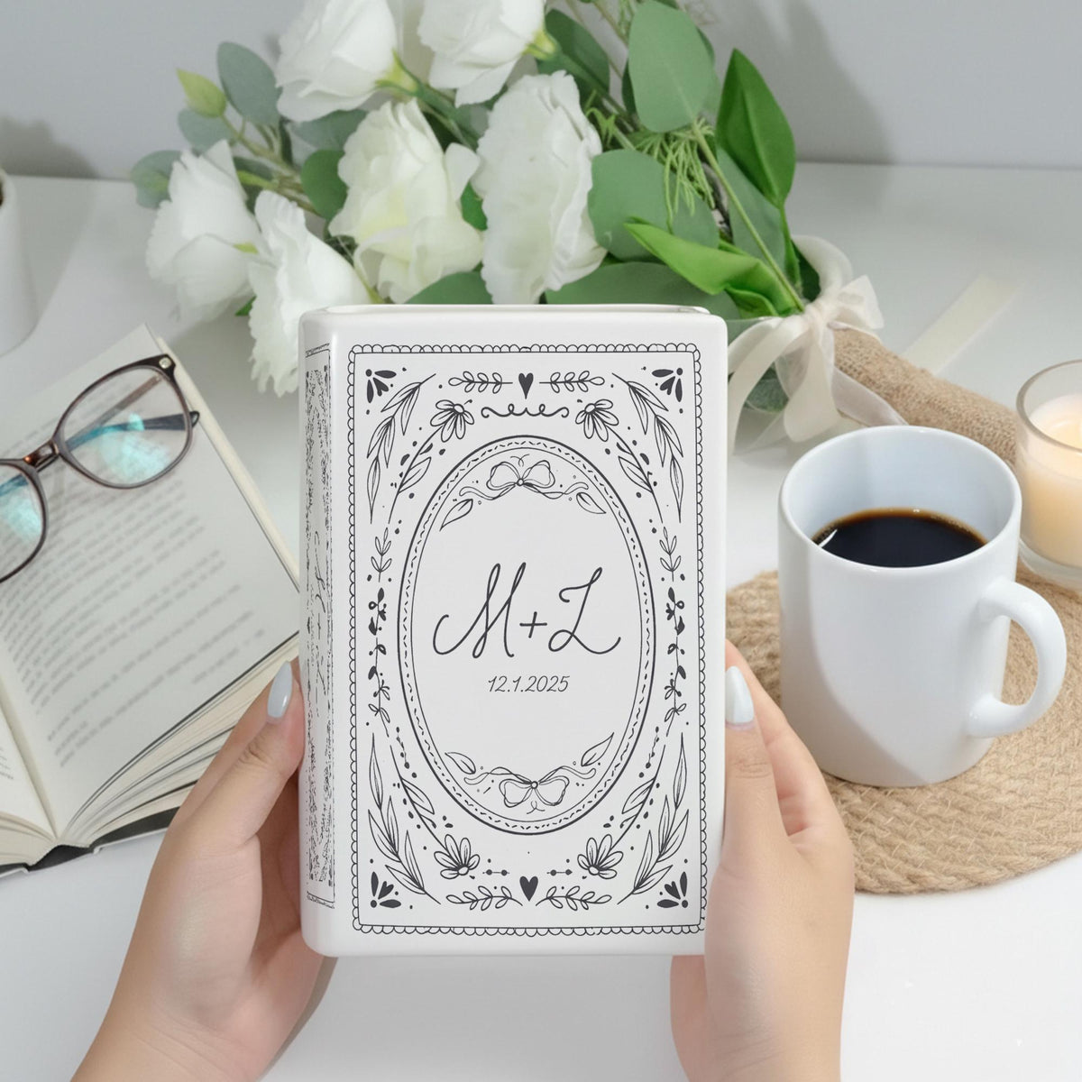 Custom Couple Initials Vase, Personalized Book Vase, Bookshelf Decor, Reading Room Flower Pot, Ceramic Book Flower Vase, Toile De Jouy Decor