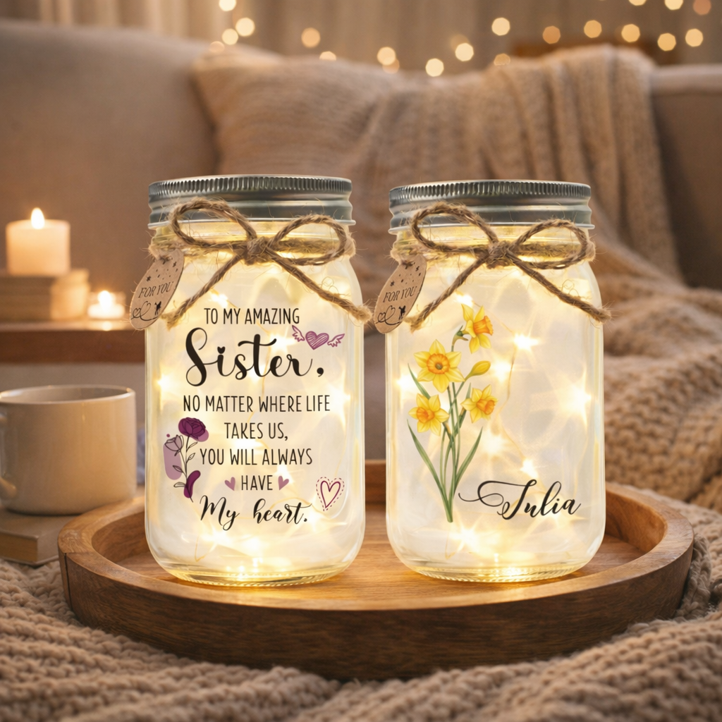 Sister Gifts Personalized Birth Month Flower Mason Jar Night Light, Gift For Sisters, Besties, Siblings