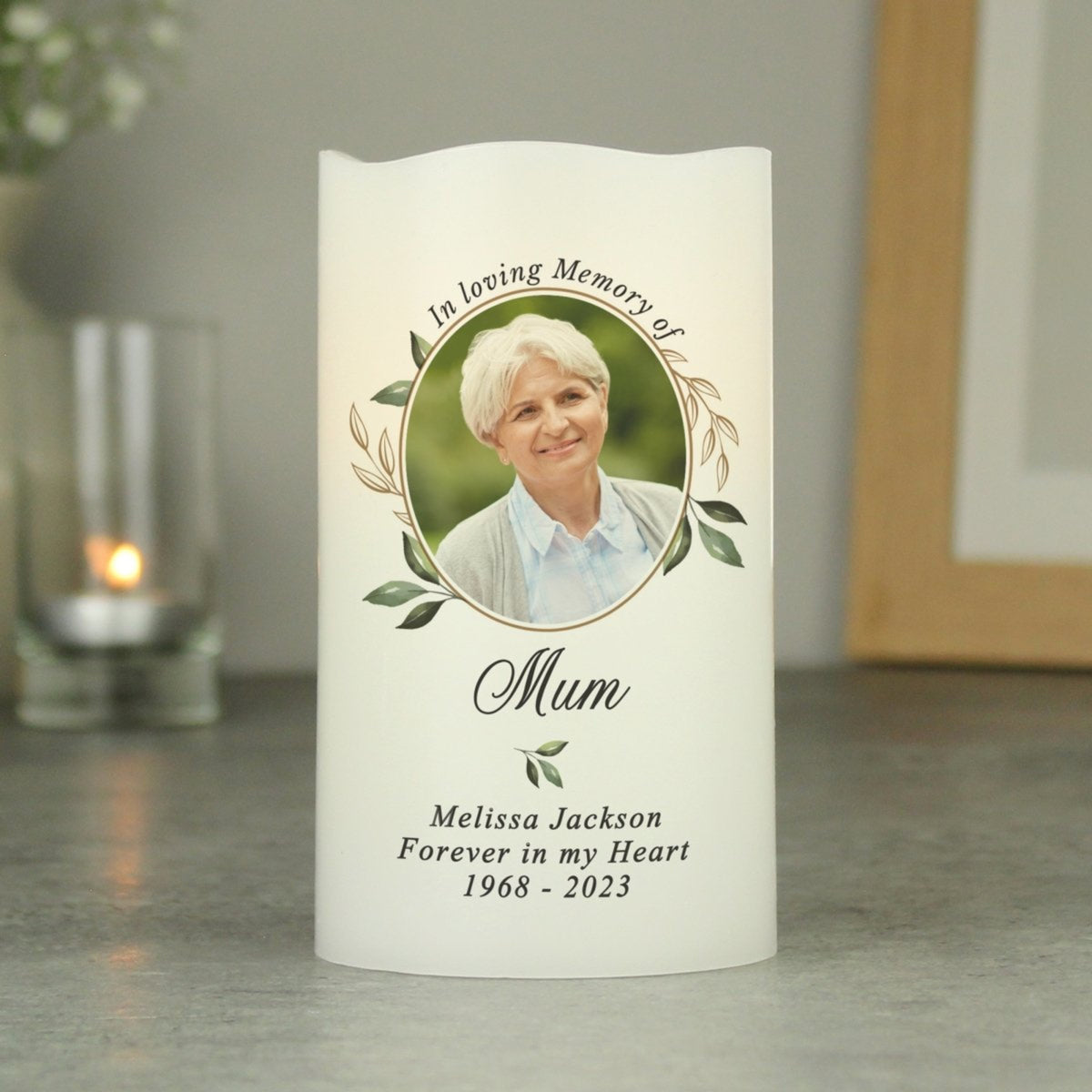 In Loving Memory Botanical Custom Photo - Custom LED Flameless Candle - Memorial Gift For Family