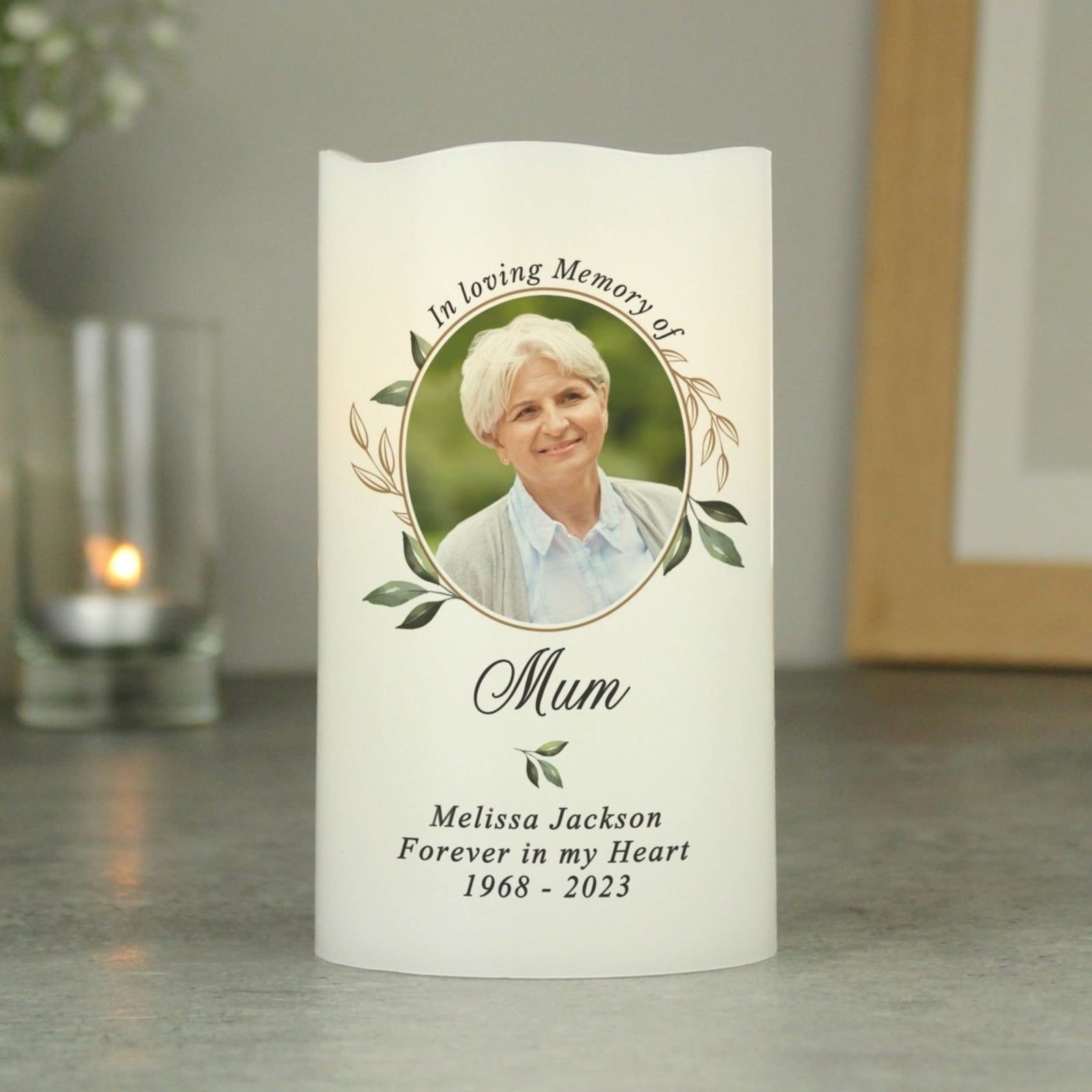 In Loving Memory Botanical Custom Photo - Custom LED Flameless Candle - Memorial Gift For Family
