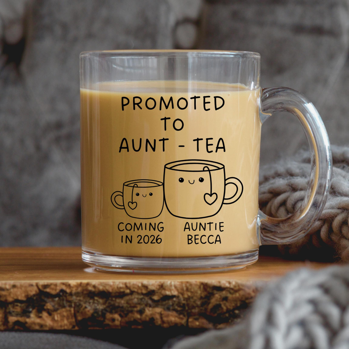 Promoted to Aunt-tea Glass Mug, Personalized Auntie Baby Reveal, Funny New Aunt Gift, Baby Announcement Gift