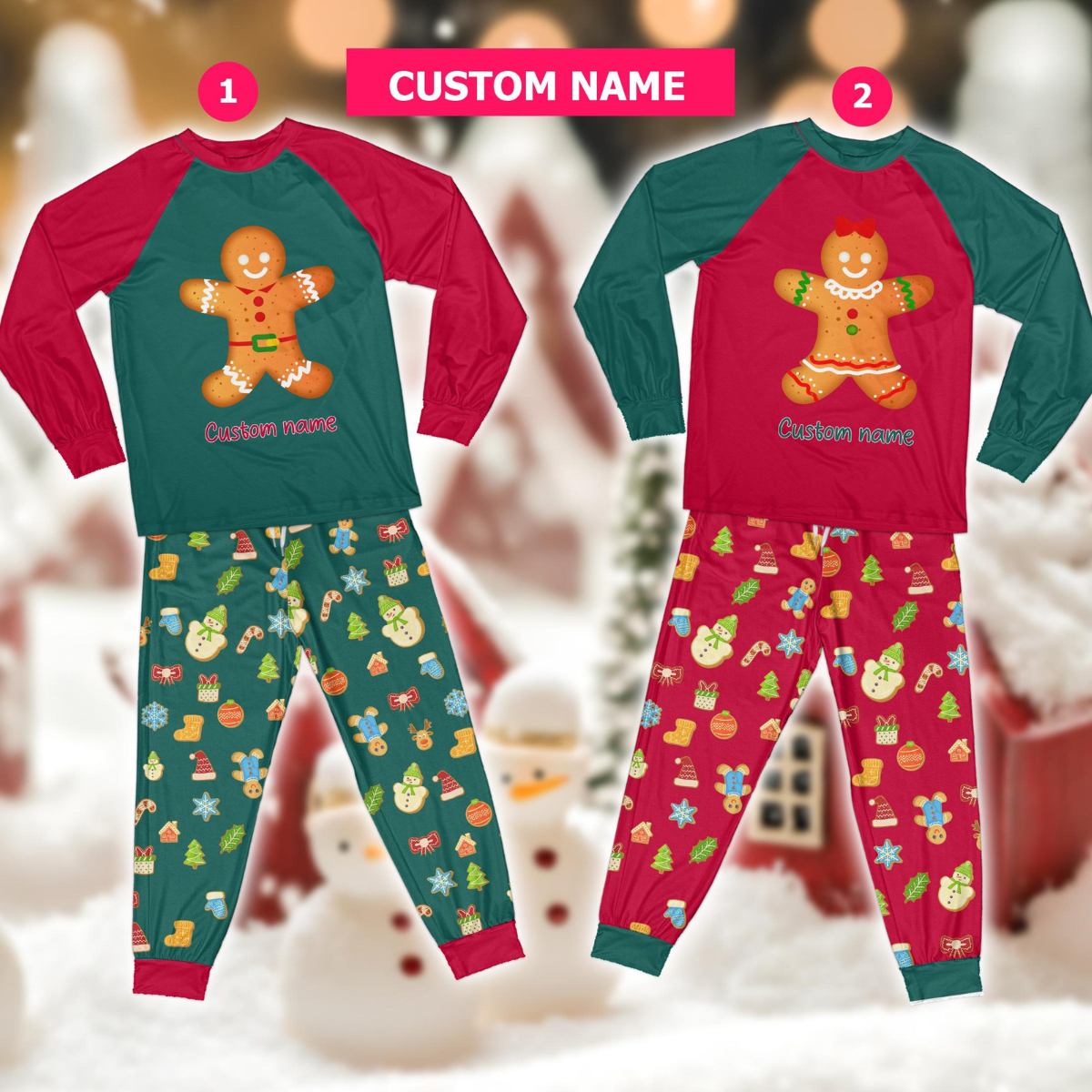Personalized Gingerbread Christmas Pajamas Set, Custom Name Gingerbread Xmas Cookies Long Sleeve Two Piece, Family Christmas Loungewear Set